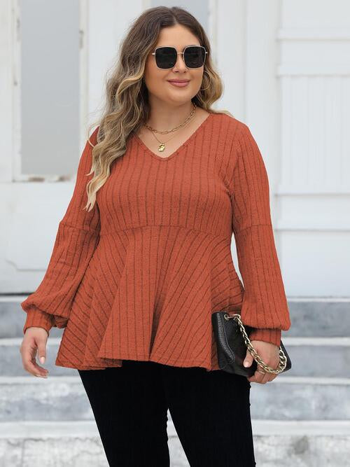 Plus Size Ribbed V-Neck Long Sleeve Blouse - Body By J'ne