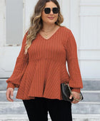 Plus Size Ribbed V-Neck Long Sleeve Blouse - Body By J'ne