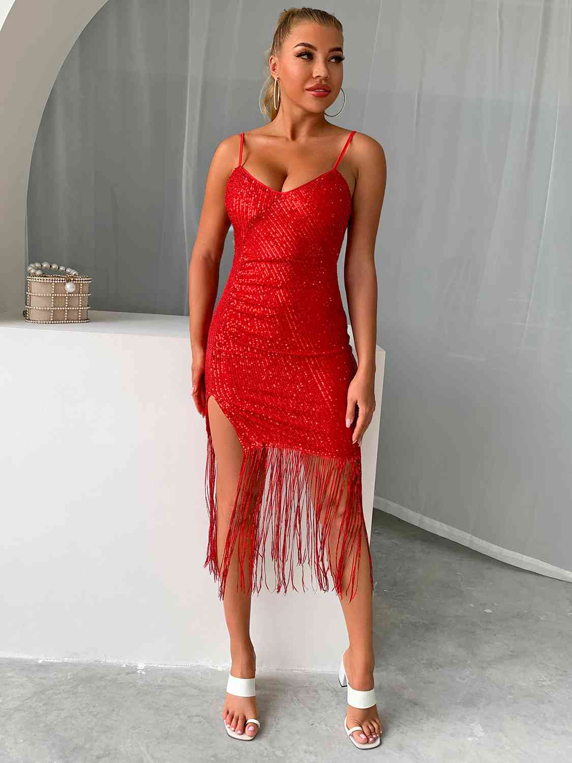 Sequin Fringe Spaghetti Strap Dress - Body By J'ne