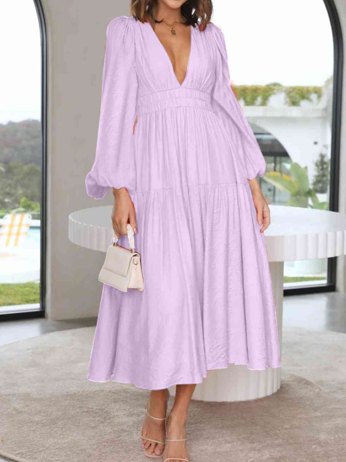 Deep V-Neck Balloon Sleeve Plain Maxi Dress - Body By J'ne