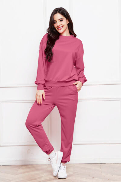 Round Neck Long Sleeve Sweatshirt and Pants Set - Body By J'ne