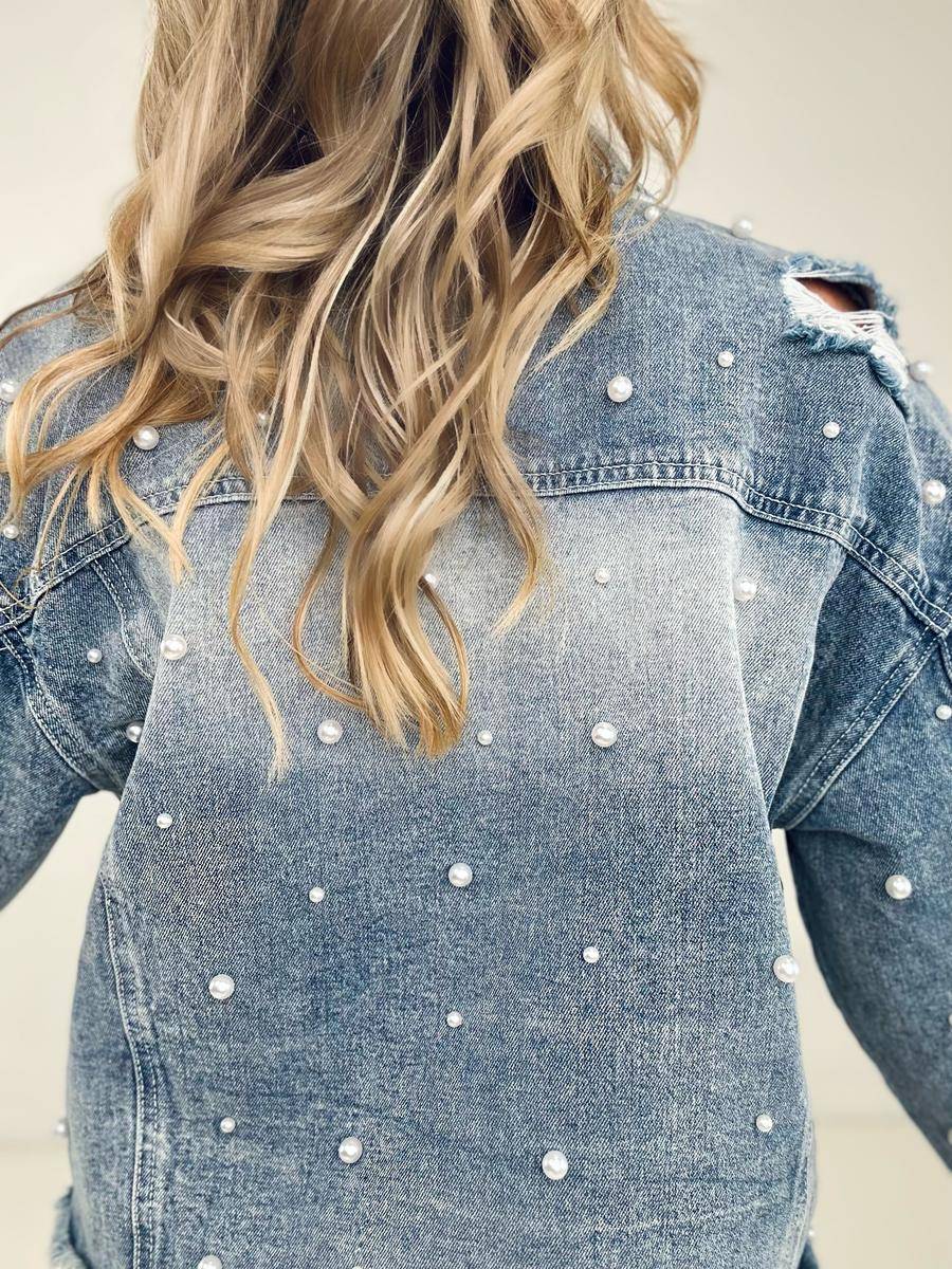 Pearl Embellished Ripped Button Down Denim Jacket - Body By J'ne