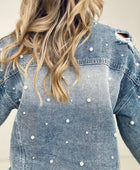 Pearl Embellished Ripped Button Down Denim Jacket - Body By J'ne