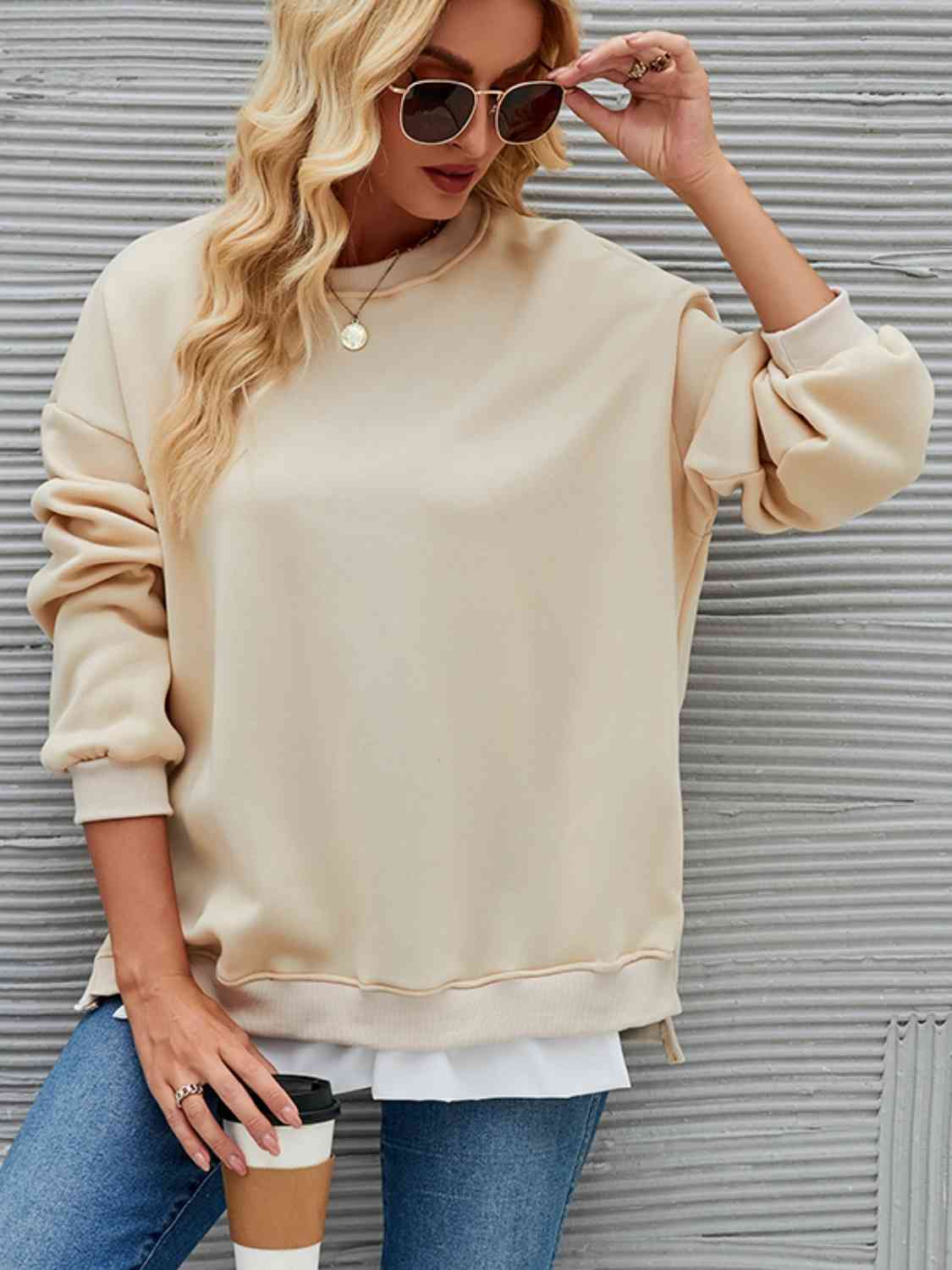 Round Neck Drop Shoulder Sweatshirt - Body By J'ne