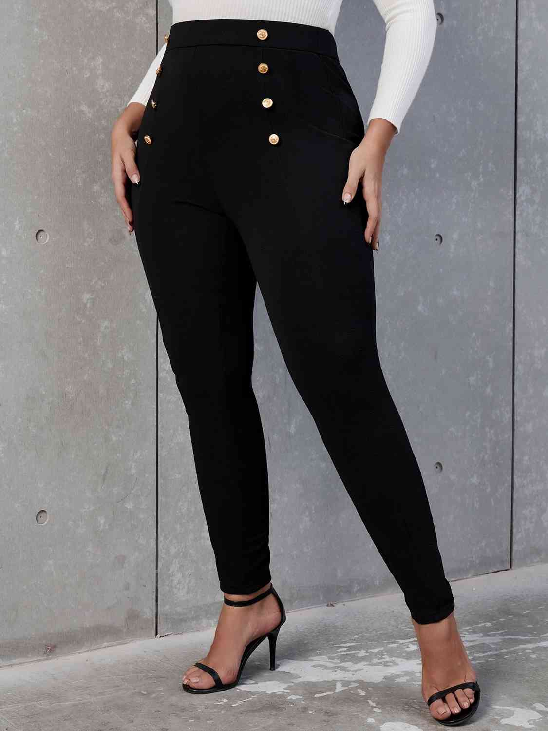Plus Size Decorative Button Skinny Pants - Body By J'ne