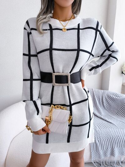 Plaid Round Neck Dropped Shoulder Sweater Dress - Body By J'ne