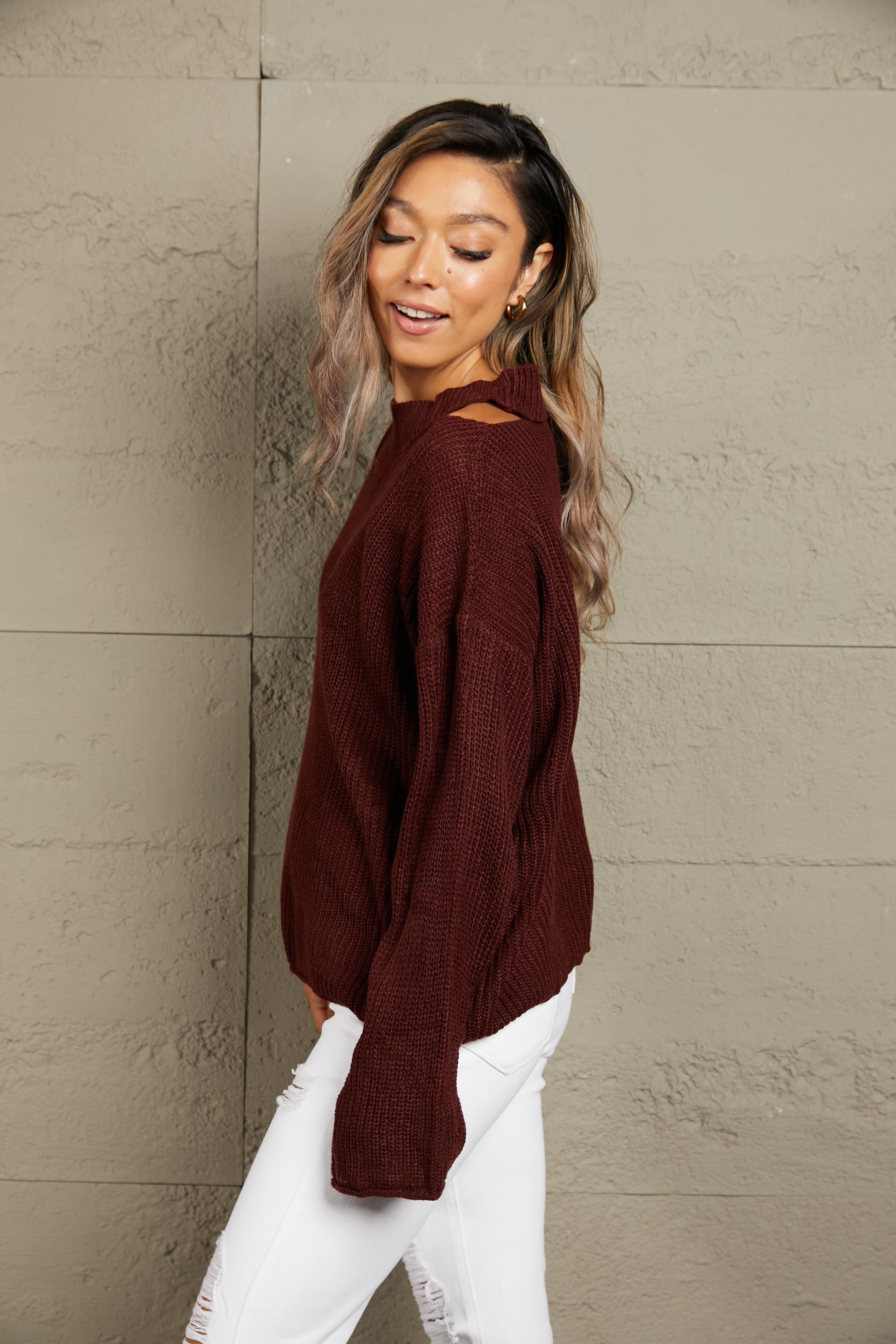 Round Neck Cutout Dropped Shoulder Sweater - Body By J'ne