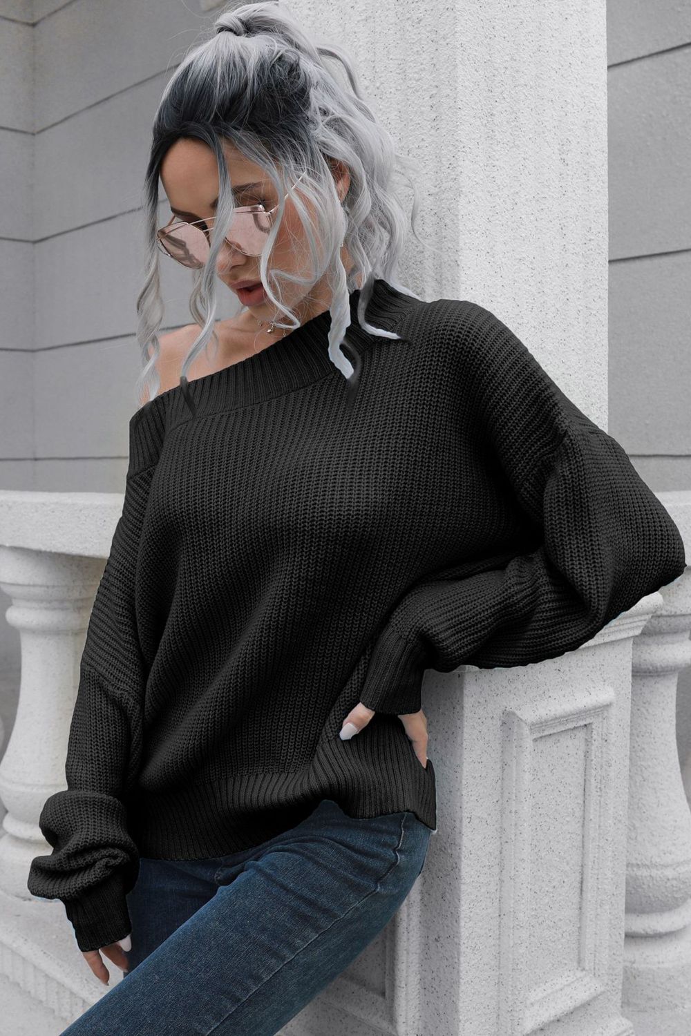 Off-Shoulder Ribbed Long Sleeve Pullover Sweater - Body By J'ne