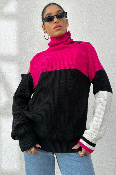 Contrast Buttoned Cutout Long Sleeve Sweater - Body By J'ne