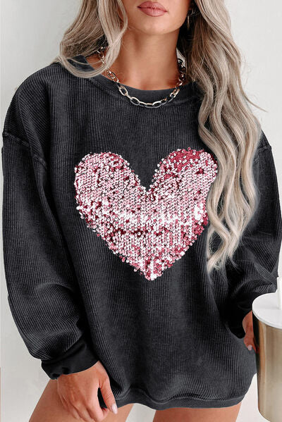 Plus Size Heart Sequin Round Neck Sweatshirt - Body By J'ne