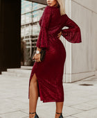 Red Deep V Neck Bell Sleeve Sequin Dress - Body By J'ne