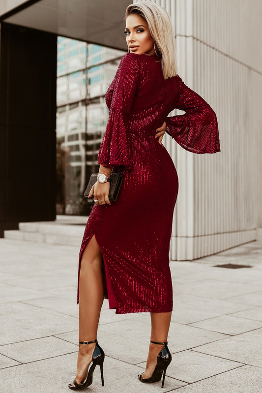 Red Deep V Neck Bell Sleeve Sequin Dress - Body By J'ne