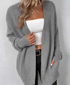 Cable-Knit Open Front Cardigan with Pockets - Body By J'ne