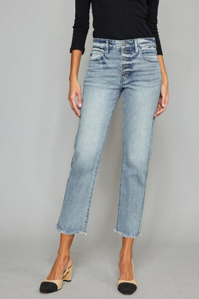 Kancan High Waist Button Fly Raw Hem Cropped Straight Jeans - Body By J'ne