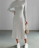 Ribbed Mock Neck Long Sleeve Midi Sweater Dress - Body By J'ne