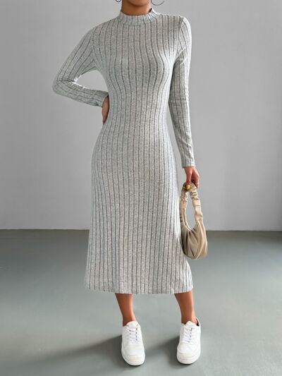 Ribbed Mock Neck Long Sleeve Midi Sweater Dress - Body By J'ne