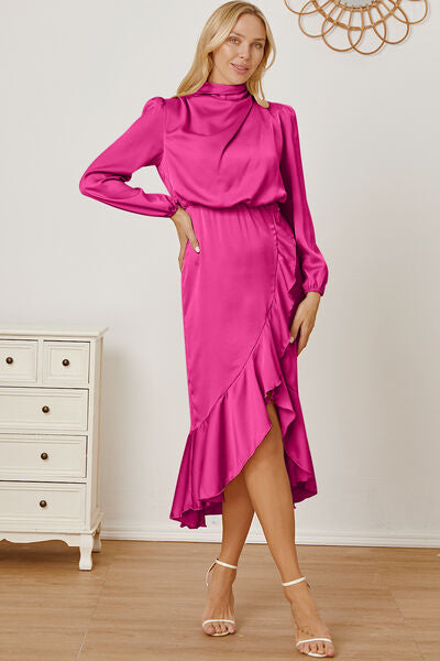 Mock Neck Ruffled Asymmetrical Dress - Body By J'ne