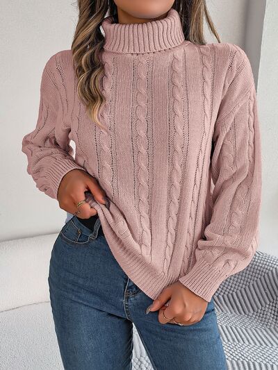 Cable-Knit Turtleneck Dropped Shoulder Sweater - Body By J'ne