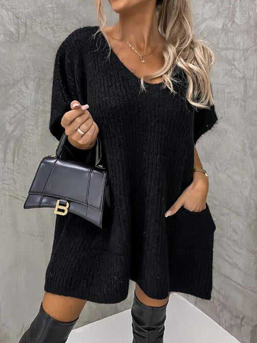V-Neck Short Sleeve Sweater with Pockets - Body By J'ne