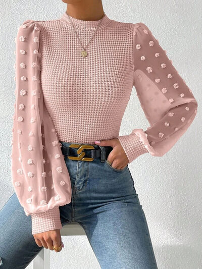 Swiss Dot Waffle-Knit Lantern Sleeve T-Shirt - Body By J'ne