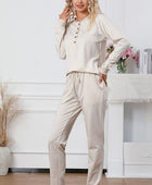 Half Button Round Neck Top and Drawstring Pants Lounge Set - Body By J'ne