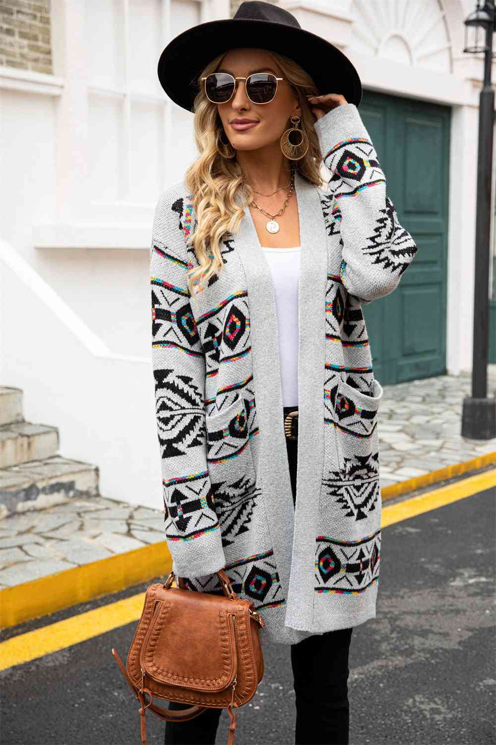 Printed Long Sleeve Cardigan with Pocket - Body By J'ne