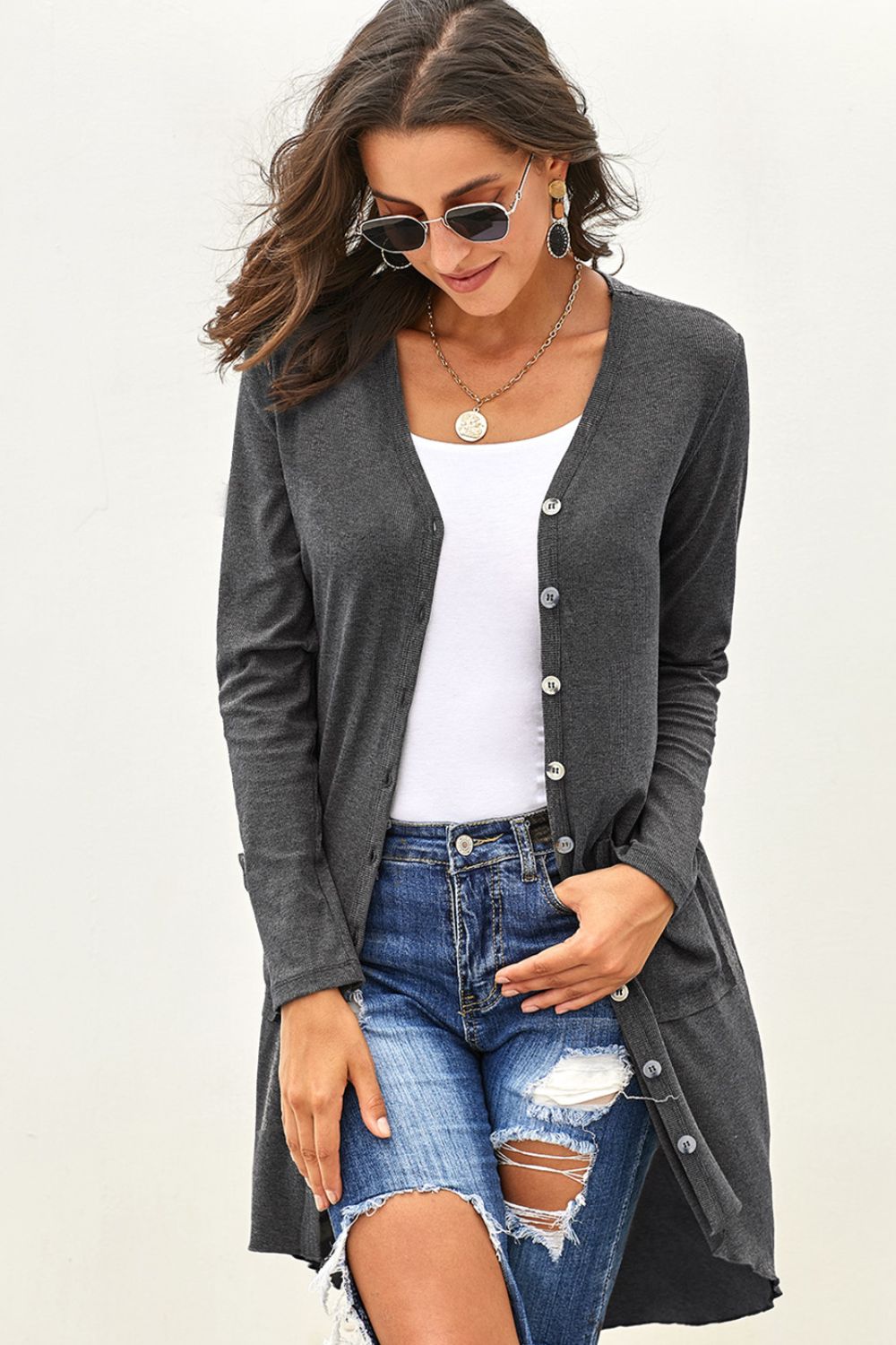 V-Neck Long Sleeve Cardigan with Pocket - Body By J'ne