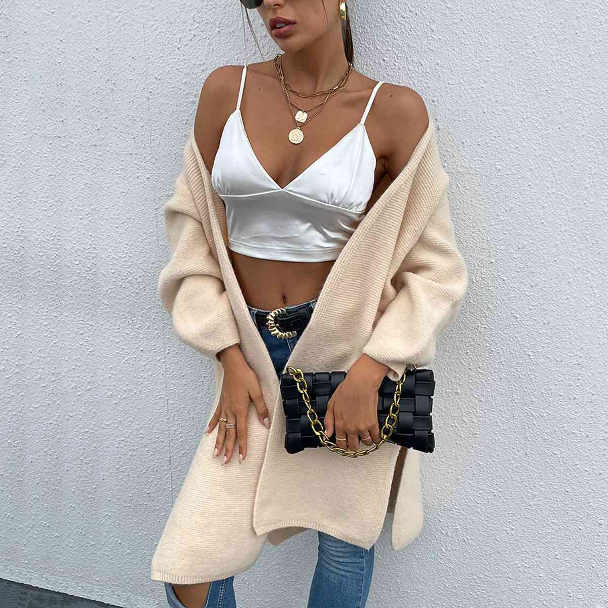 Open Front Slit Long Sleeve Cardigan - Body By J'ne