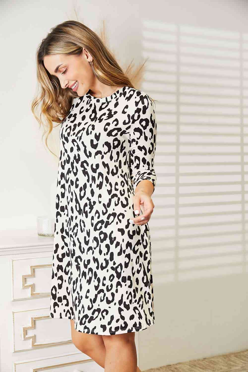 Full Size Leopard Three-Quarter Sleeve Dress with Pockets - Body By J'ne