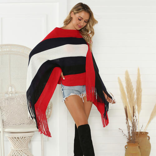 Striped Fringe Trim Poncho - Body By J'ne