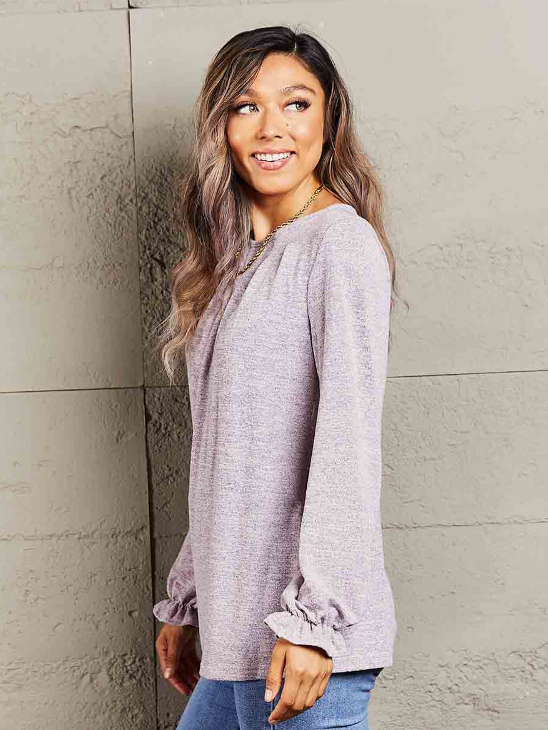 Long Flounce Sleeve Round Neck Blouse - Body By J'ne