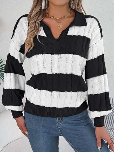 Cable-Knit Striped Long Sleeve Sweater - Body By J'ne