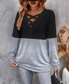 Contrast Crisscross V-Neck Long Sleeve Top - Body By J'ne