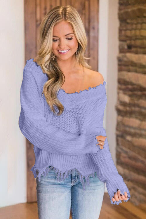 Frayed Hem Dropped Shoulder Sweater - Body By J'ne