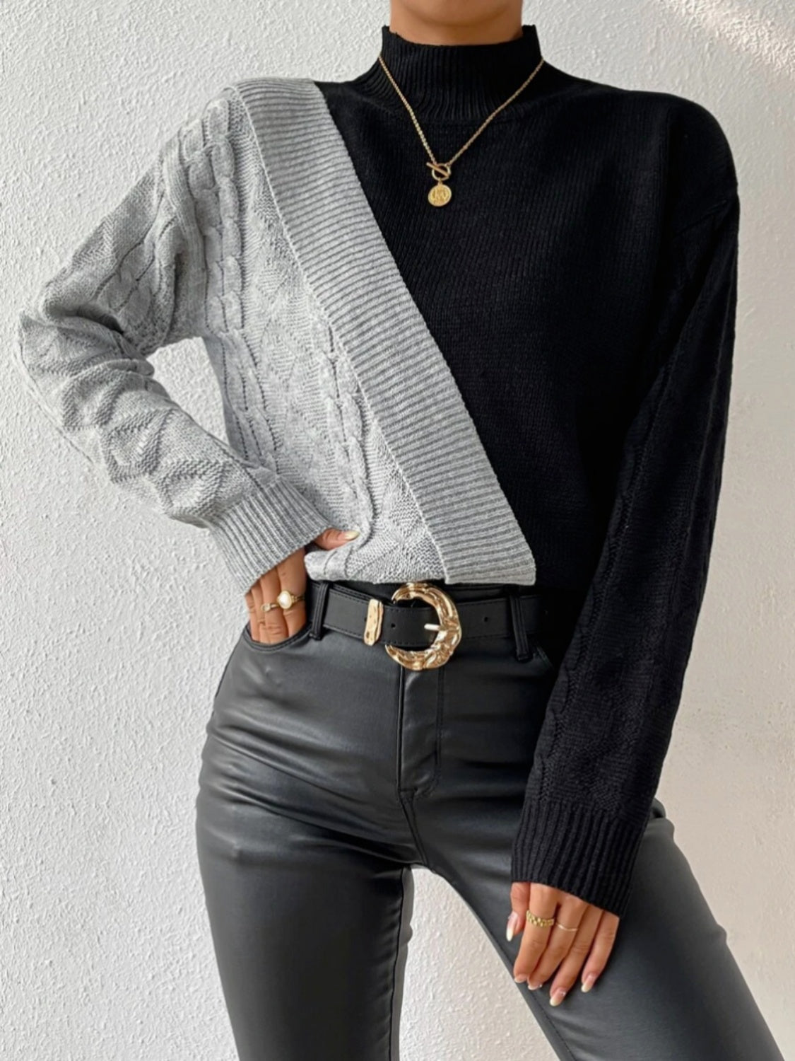 Contrast Mock Neck Cable-Knit Sweater - Body By J'ne