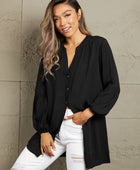 Notched Neck Balloon Sleeve Shirt - Body By J'ne