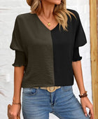 Contrast V-Neck Lantern Sleeve Blouse - Body By J'ne