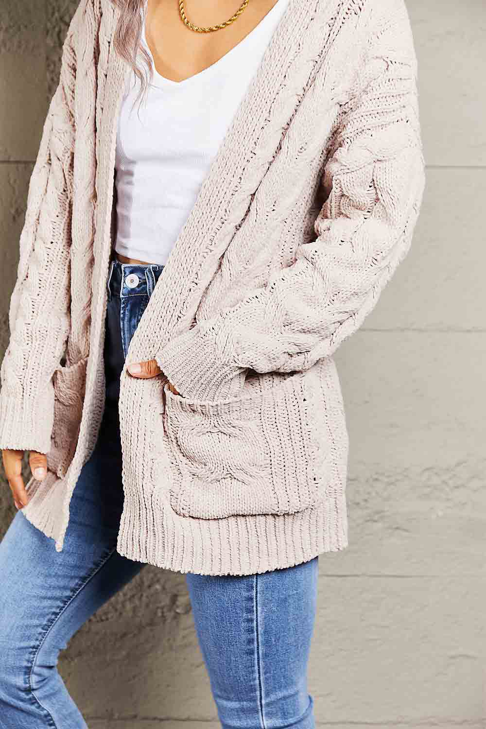 Woven Right Cable-Knit Open Front Cardigan with Front Pockets - Body By J'ne