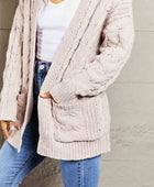 Woven Right Cable-Knit Open Front Cardigan with Front Pockets - Body By J'ne