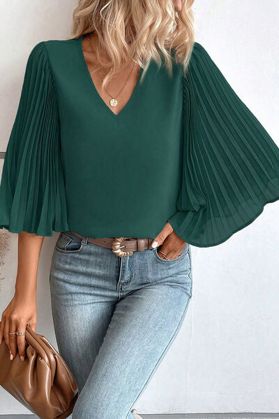 Pleated Flutter Sleeve V-Neck Blouse - Body By J'ne