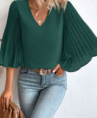 Pleated Flutter Sleeve V-Neck Blouse - Body By J'ne