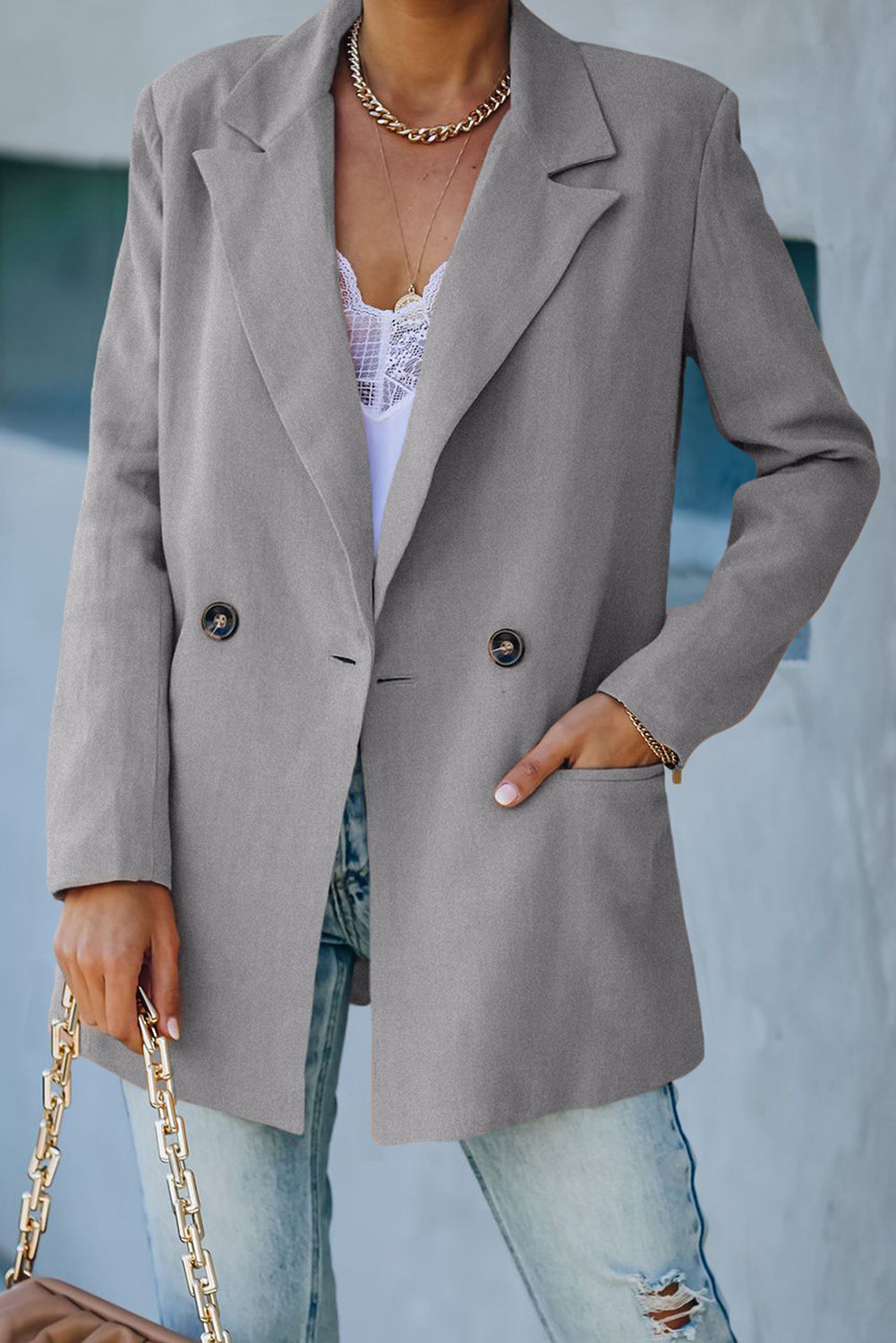 Double-Breasted Padded Shoulder Blazer with Pockets - Body By J'ne