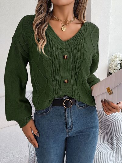 Cable-Knit Buttoned V-Neck Sweater - Body By J'ne