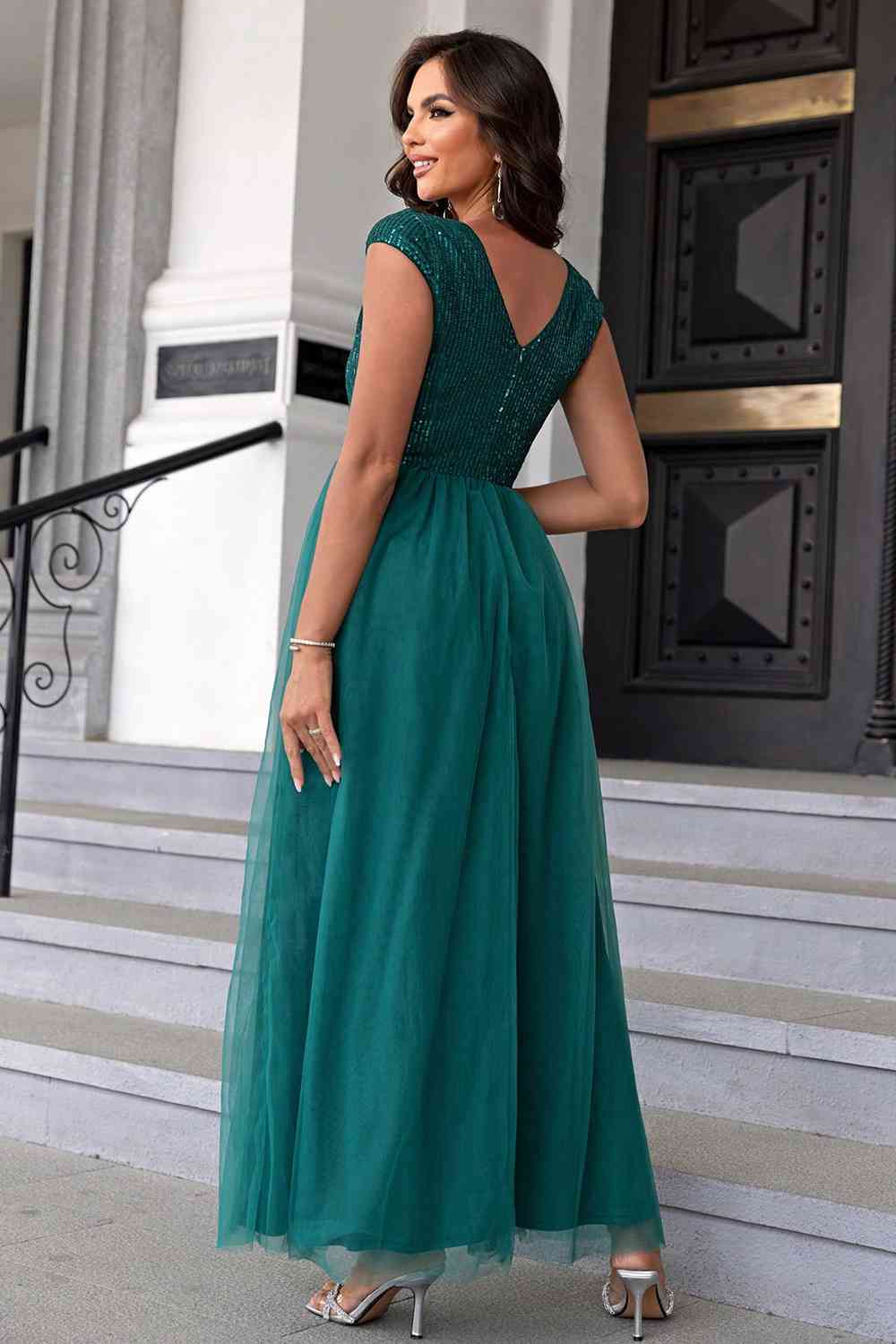 Sequin V-Neck Mesh Maxi Dress - Body By J'ne
