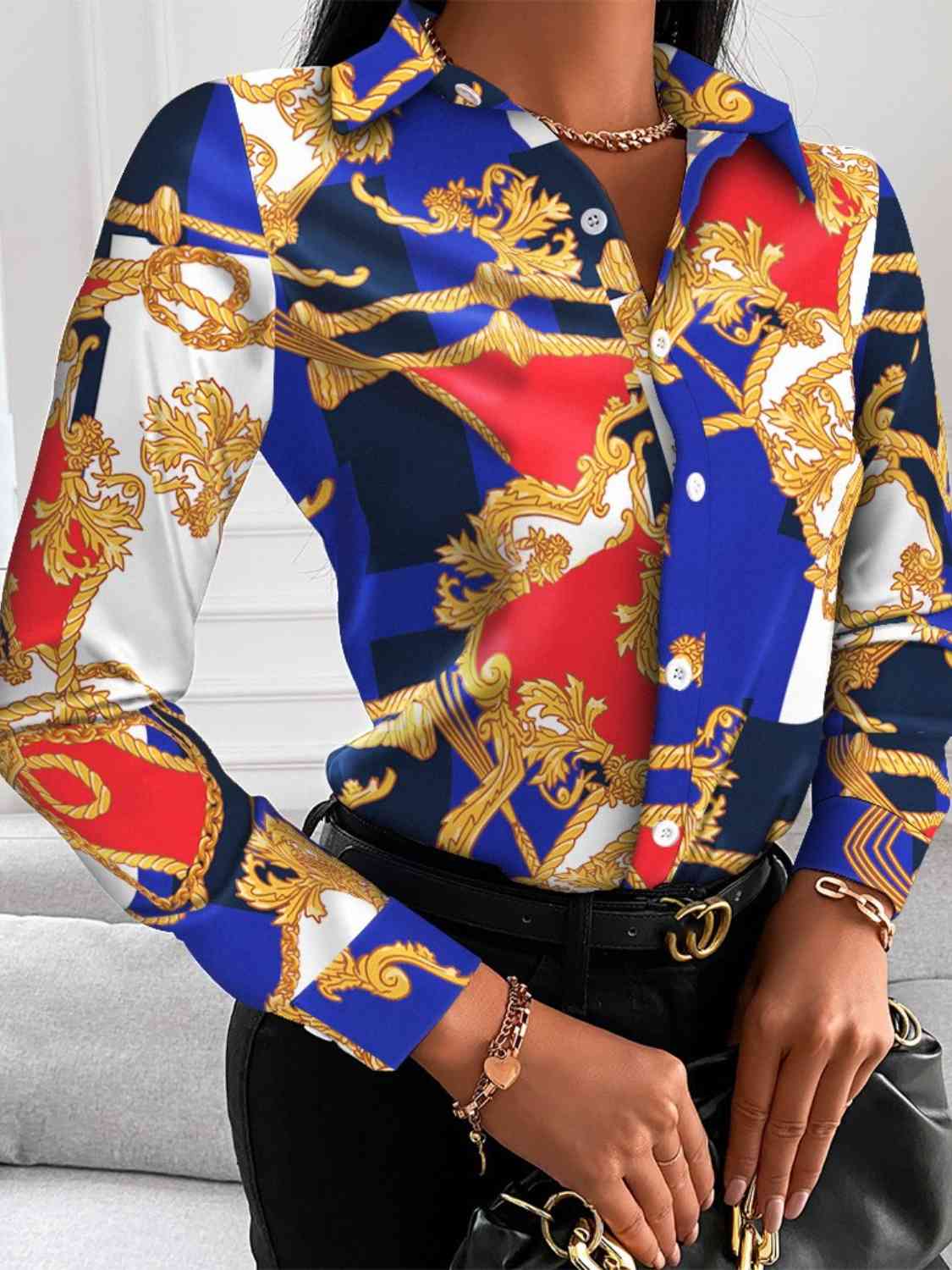 Printed Collared Neck Long Sleeve Shirt - Body By J'ne