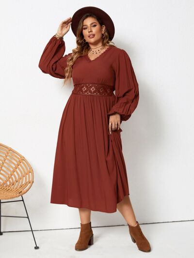 Plus Size Lace Detail V-Neck Balloon Sleeve Dress - Body By J'ne