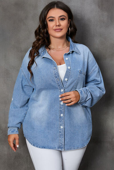 Plus Size Button Up Pocketed Denim Top - Body By J'ne