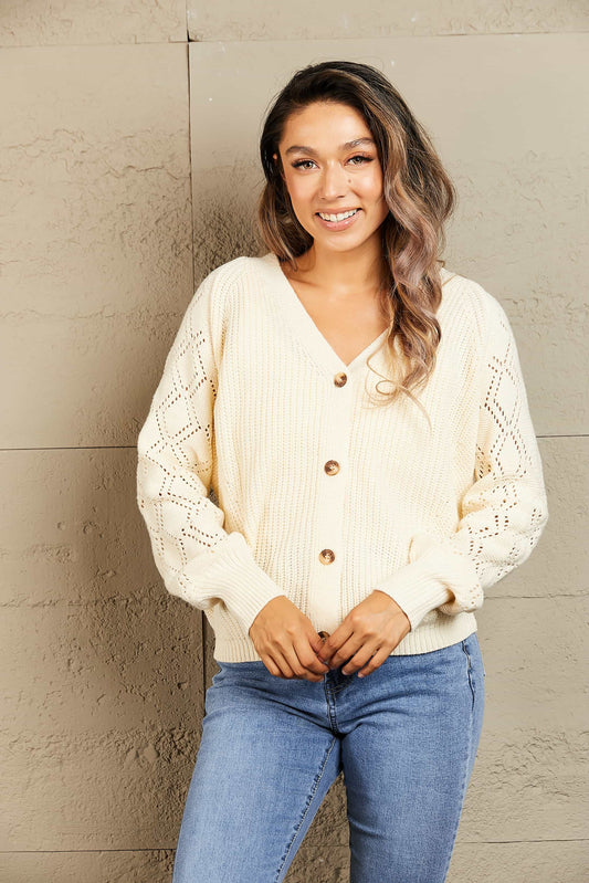 Button Front Ribbed Lantern Sleeve Cardigan