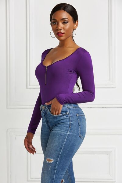 Half Zip Scoop Neck Long Sleeve Bodysuit - Body By J'ne