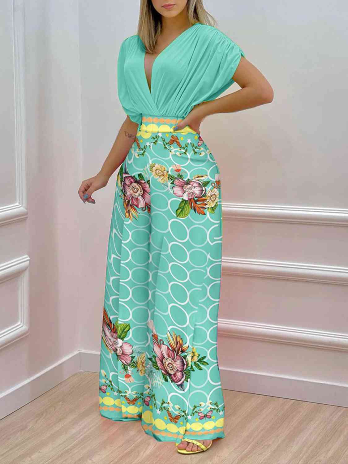 Printed Surplice Top and Wide Leg Pants Set - Body By J'ne